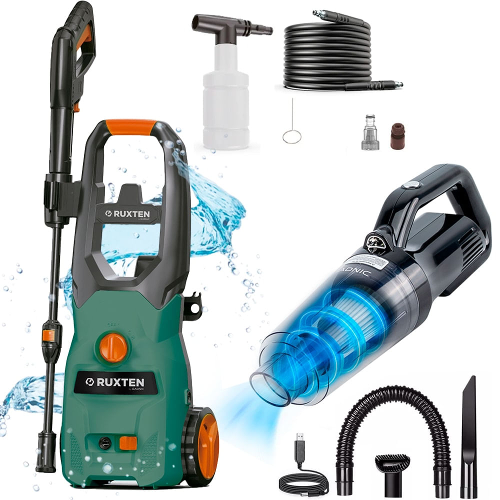 Kit Hidrolavadora Eléctrica Gadnic 110 Bar y Aspiradora de Mano 120W