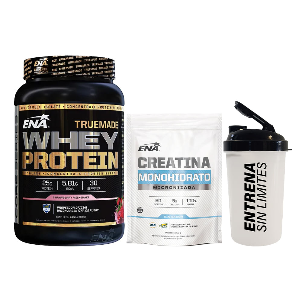 Combo Ena Truemade Whey 930gr + Creatina Micronizada 300gr + Shaker Frutilla