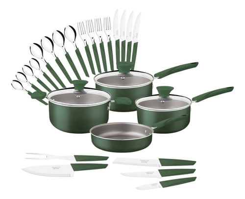 Bateria De Cocina 25 Piezas Tramontina Lyf Con Antiadherente Ollas Cubiertos Cuchillos Color Verde