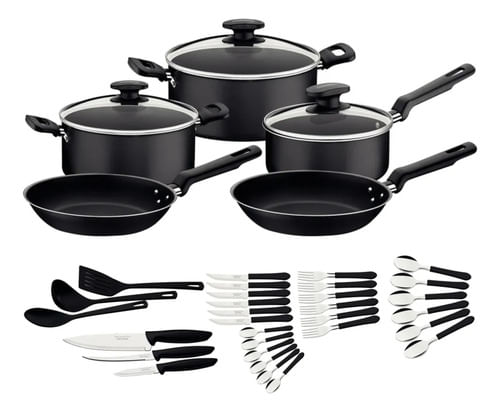 Juego Bateria Completa Loreto Tramontina 38pz Cubiertos Negro