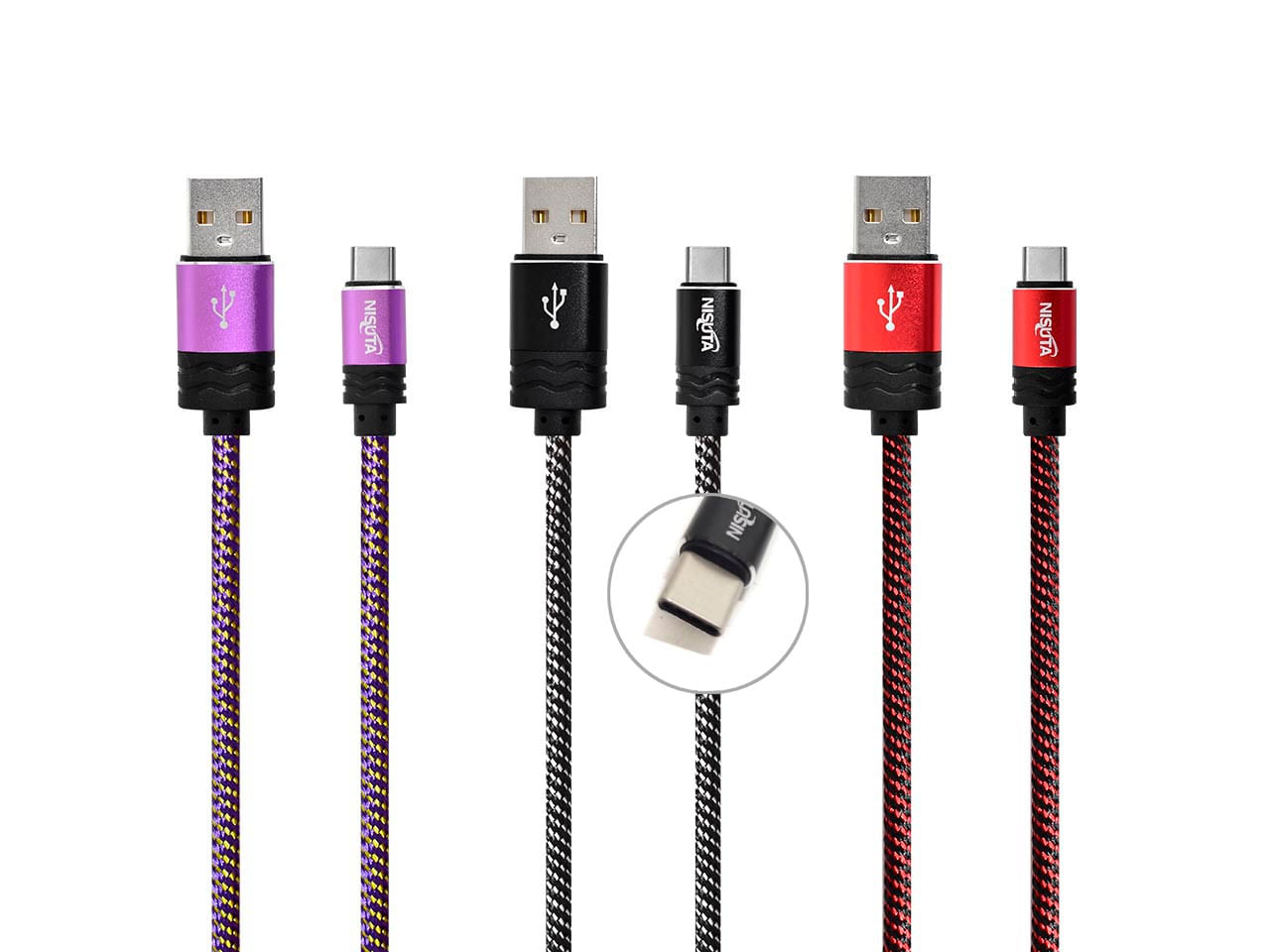 Cable USB C de 1,8m de 2.4A con malla de tela NEGRA NISUTA - NSCATEUC2