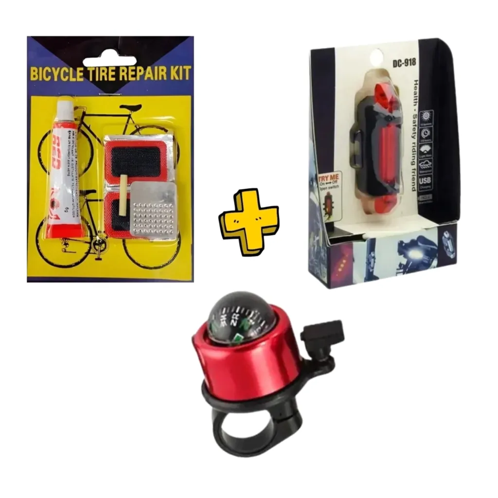 Combo Luz Bicicleta Kit Parches Recargable Timbre Brújula