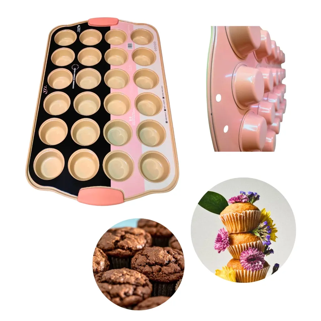 Set X 3 Molde Asadera Teflón 24 Muffin Cup Cake Asa Silicona