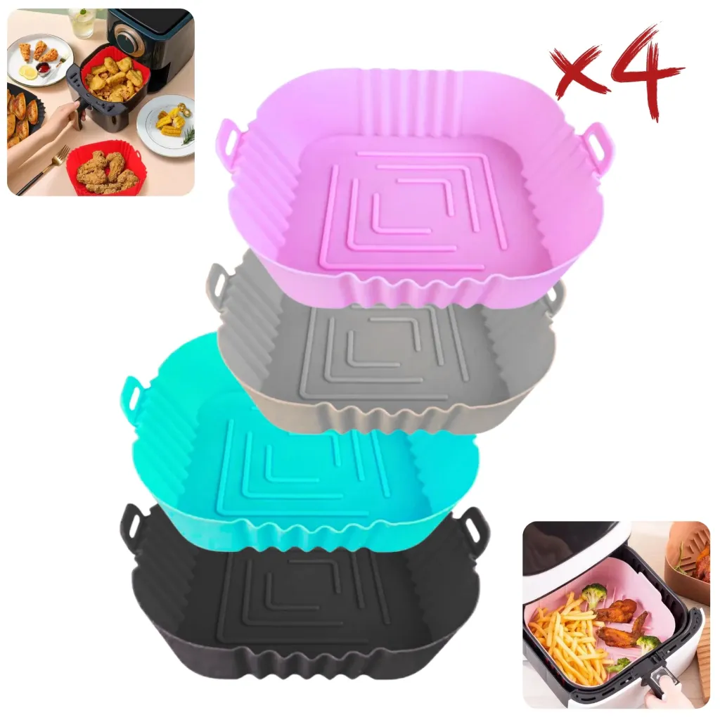 Setx4 Bandejas Airfryer Silicona Cuadrada 20cm Reutilizable
