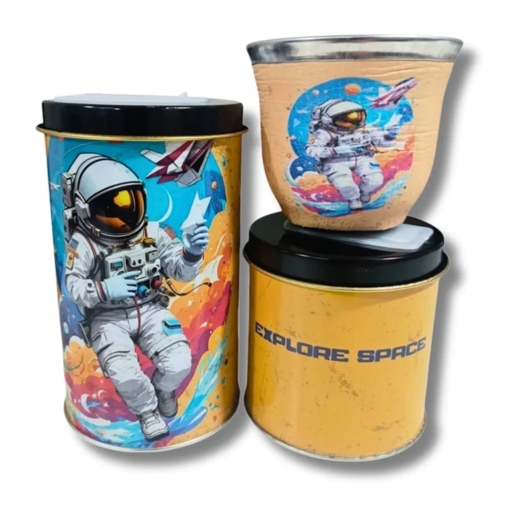 Set Matero 3 Piezas Lata Yerba Azúcar Mate Vidrio Astronauta