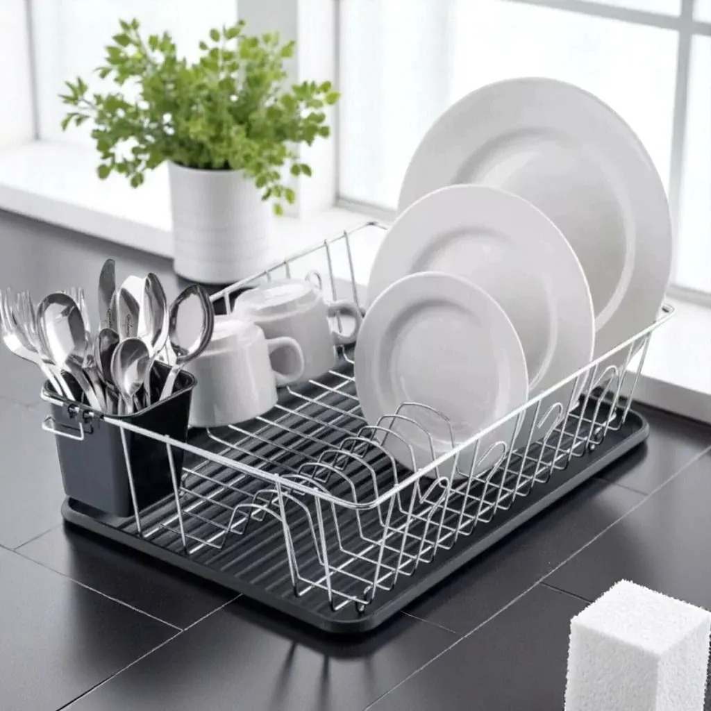 Escurreplatos Secaplatos Cromado Hogar Actual con Bandeja y Cubiertero