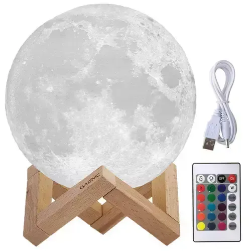 Lampara de luna 13cm RGB 16 colores + blanco/luz calida/fria bat. recargable 500 mAh usb soporte madera Gadnic LUNA0001
