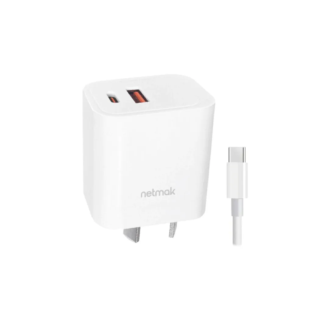 Cargador p/dispositivos Doble puerto USB-C USB c/cable blanco Netmak