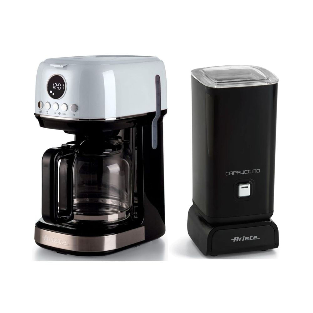 Set Cafetera Filtro Ariete Jarra Vidrio Templado y Espumador De Leche Eléctrico Ariete