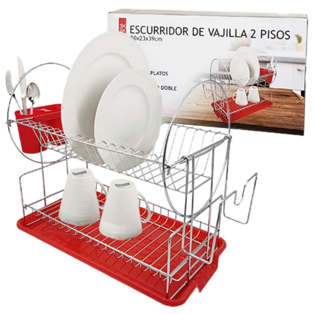 Escurridor De Platos Secaplatos 2 Niveles Cromado C/ Bandeja Color Rojo