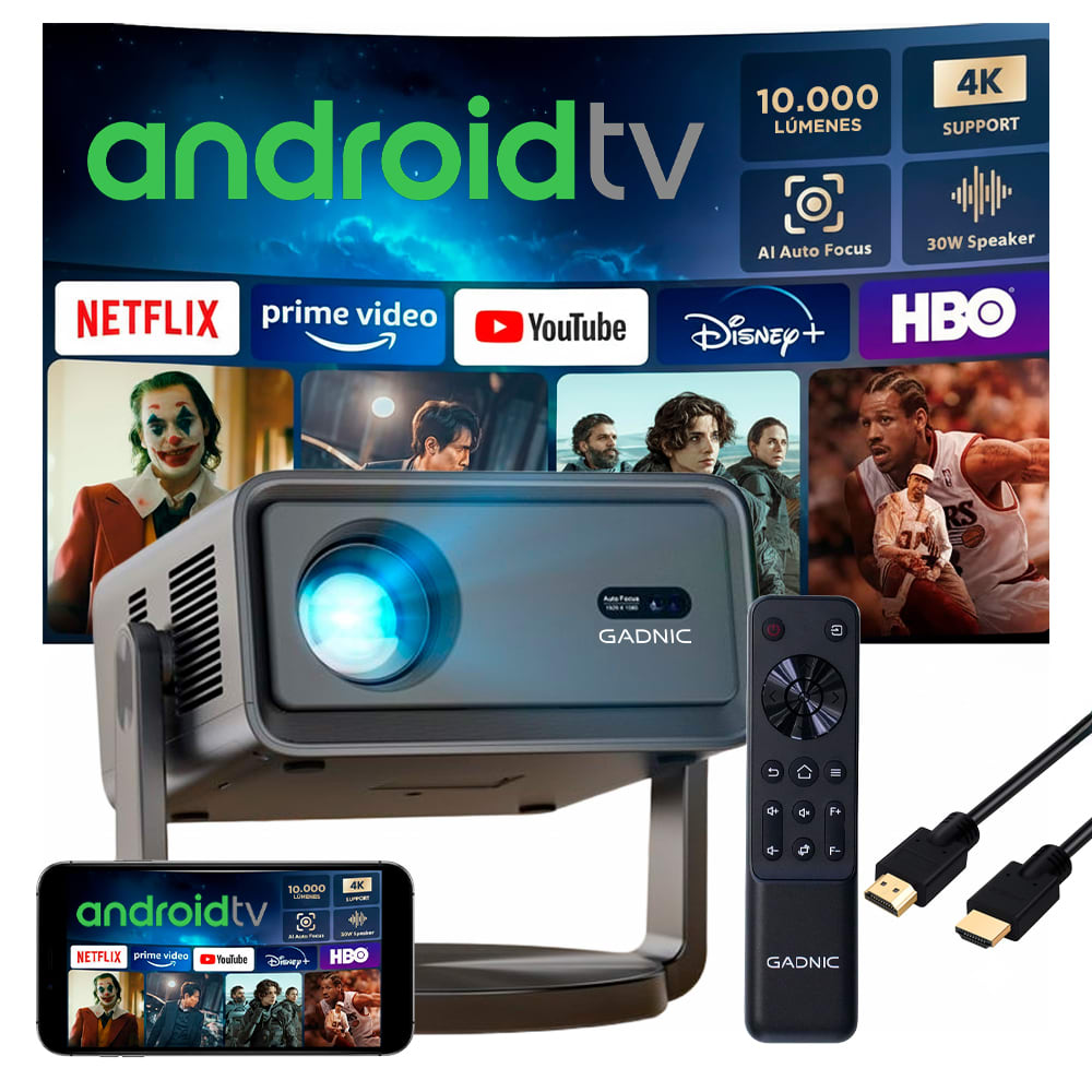 Proyector Gadnic 4K 10.000 Lúmenes AutoFocus AutoKeystone Android 12 Cable HDMI 1.5mts