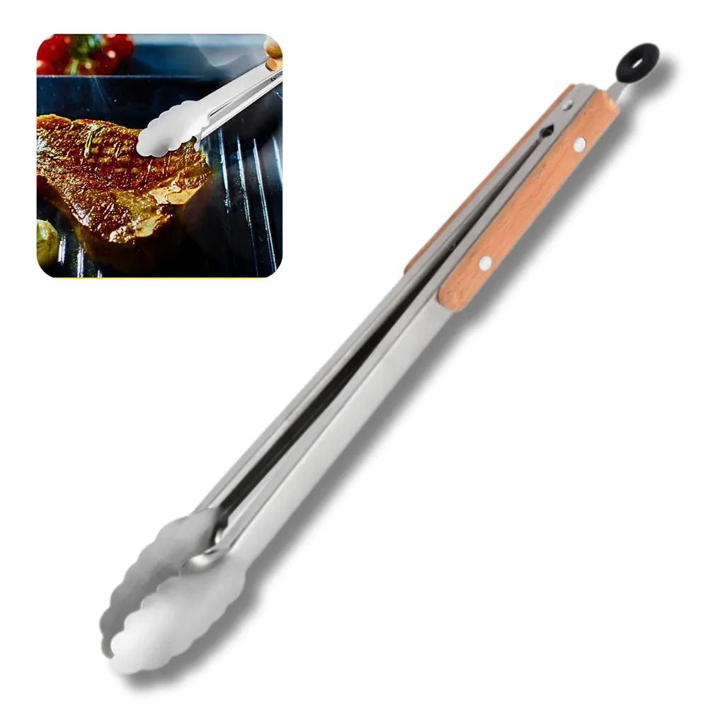 Pinza Multiuso Grande de Acero Inoxidable con Mango de Madera