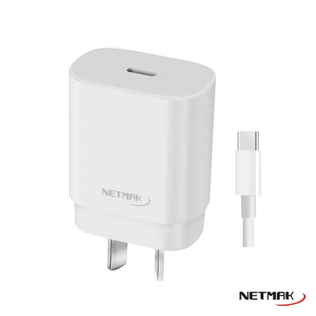 Cargador p/dispositivos usb 220v 30W c/cable USB-C blanco Netmak