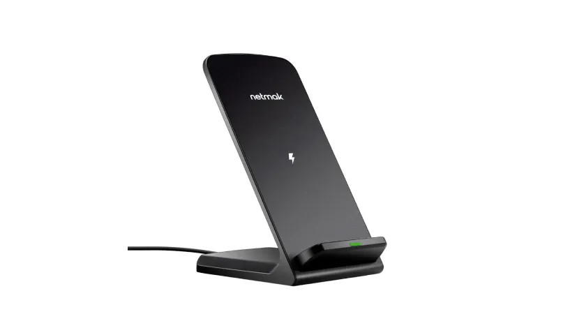Cargador inalambrico Qi c/soporte 15W cable USB type-C negro Netmak NM-BC18