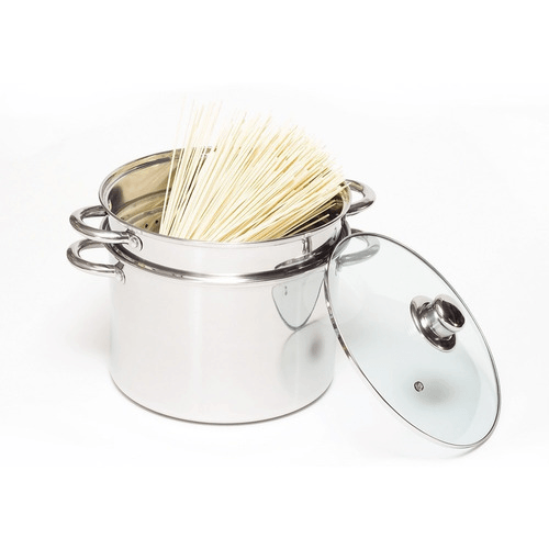Olla Spaguetera 24 cm Acero Inoxidable con Colador y Tapa de Vidrio
