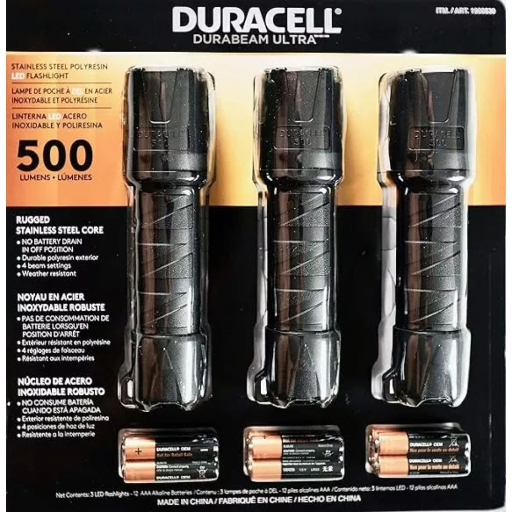 Linterna Duracell Durabeam Ultra 500 Lúmenes X 3 + 12 Pilas