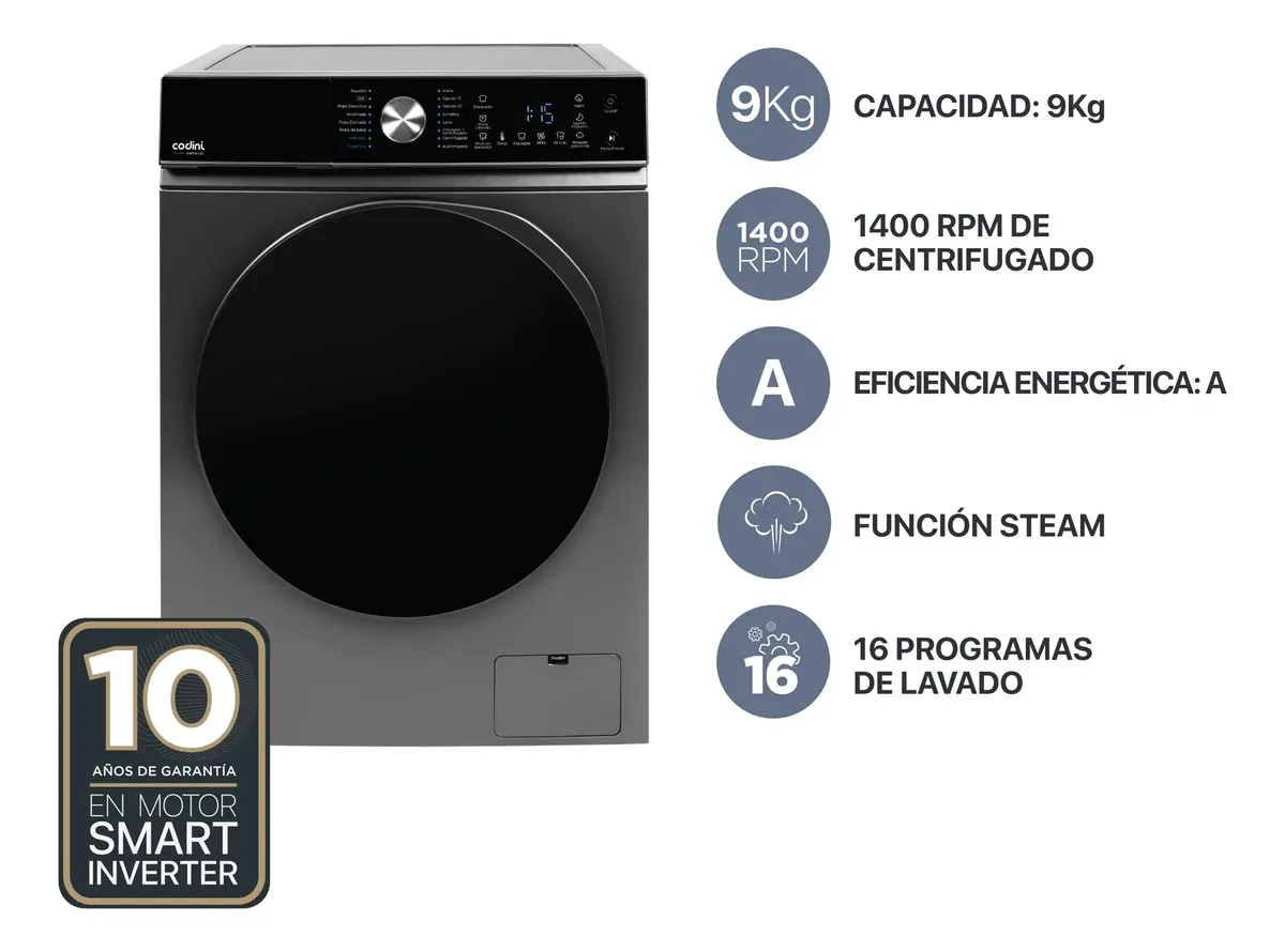 Lavarropas Automatico Carga Frontal Display Touch 9 kg 1400 rpm Inverter Silver - AIAFC9014G