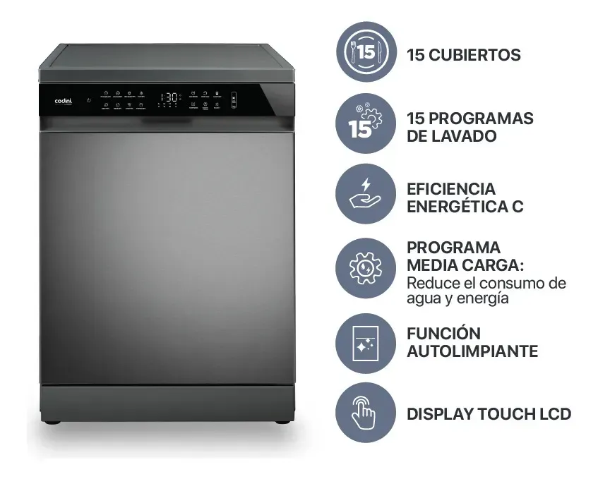 Lavavajillas 15 Cubiertos Display LCD Touch Inox Codini - LIA0315G