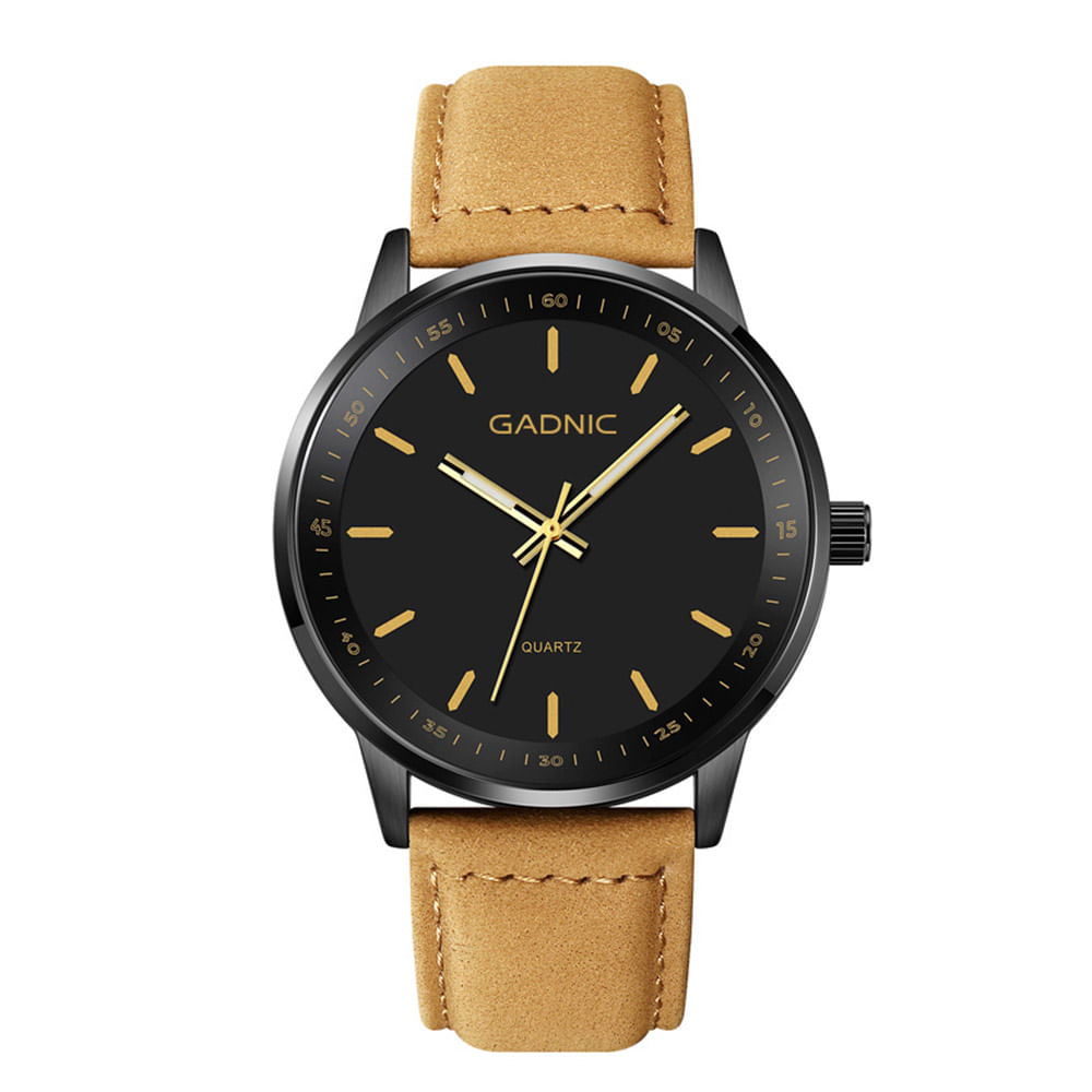 Reloj Analógico Gadnic RELF1 Pulsera Malla Correa Simil Cuero Negro y Dorado