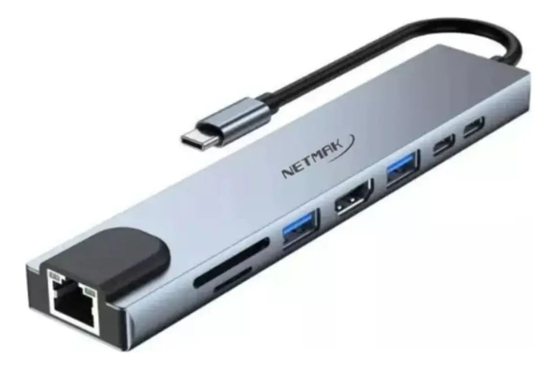 HUB ADAPTADOR 8 EN 1 TIPO-C NETMAK CON HDMI 4K ETHERNET SD RJ45 100MBPS NM-8EN1