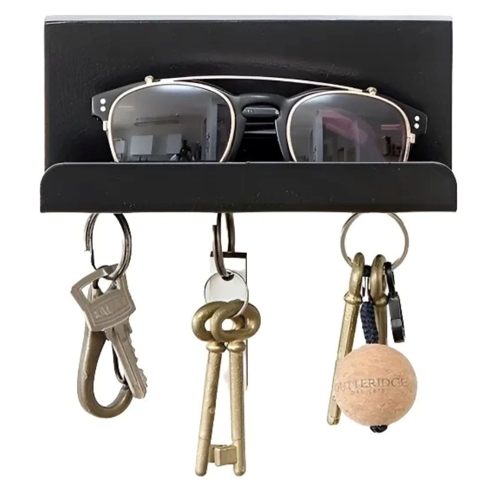 Porta Llaveros De Pared Magnético Y Estante Madera Y Chapa Color Negro