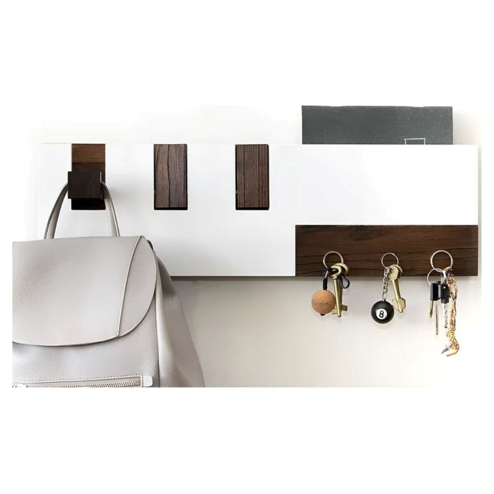 Perchero De Madera Y Portallave De Pared Laqueada Nordico Color Blanco Con Madera Oscura