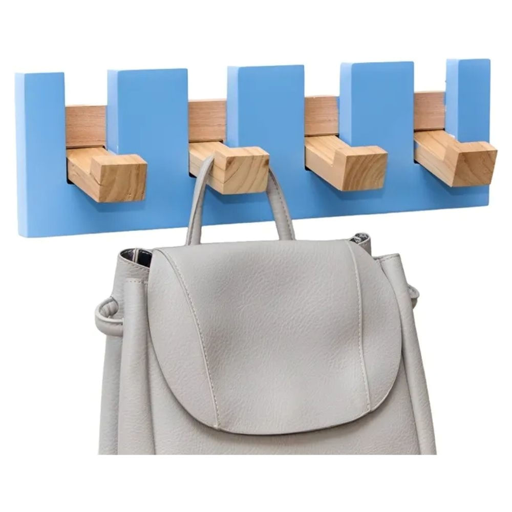 Perchero De Pared Madera Laqueada 4 Perchas Diseño Nórdico Color Celeste Y Paraíso
