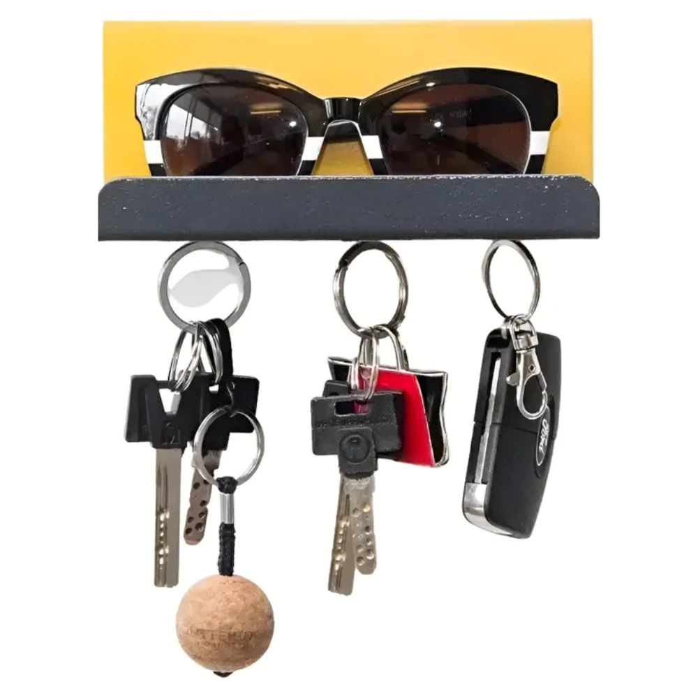 Porta Llaveros De Pared Magnético Y Estante Madera Y Chapa Color Amarillo Y Gris