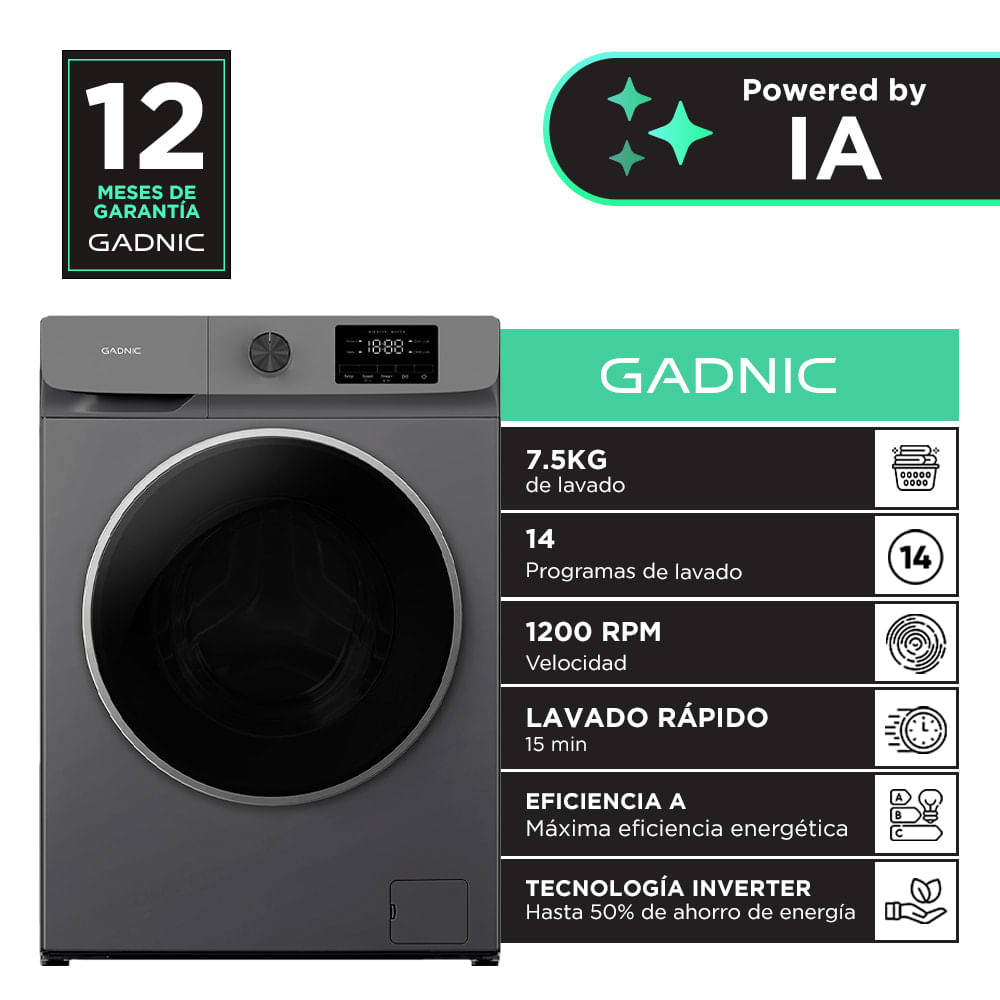 Lavarropas Automatico Gadnic 7,5 Kg Carga Frontal 14 Programas Inverter 1200 RPM Gris Oscuro