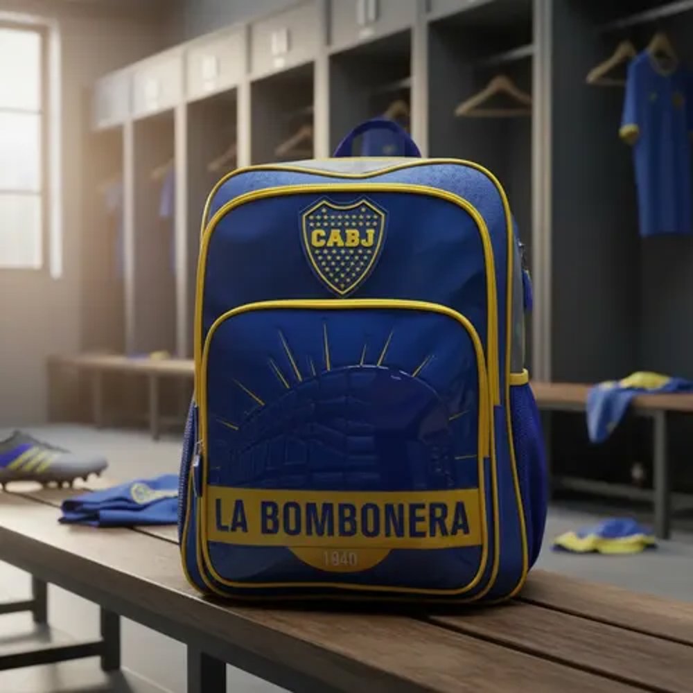 Mochila Espalda Boca Juniors Bombonera Con Stickers Cresko Azul Liso