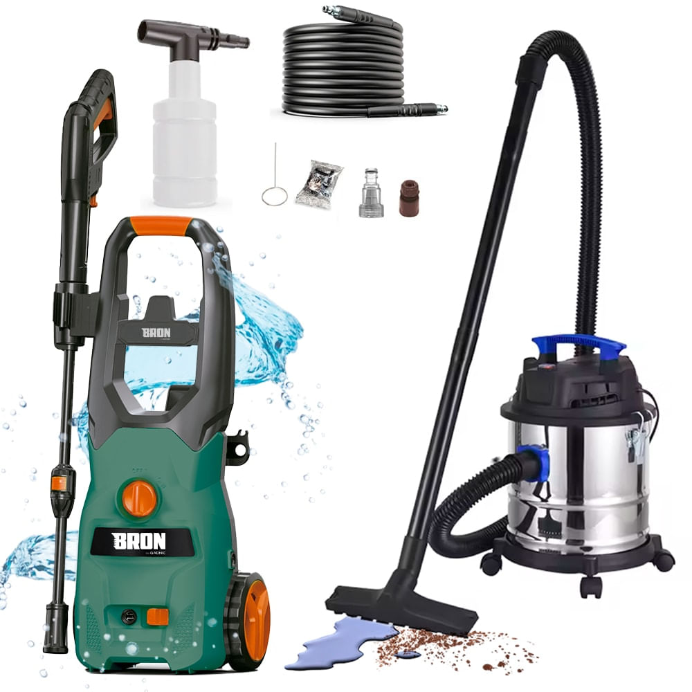 Kit De Hidrolavadora 110 Bar Y Aspiradora Portátil 20L 1200W Gadnic