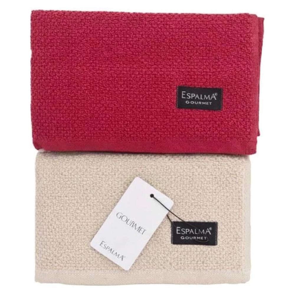 Set X2 Repasadores Espalma Gourmet Toallas De Cocina Algodón Beige Y Rojo
