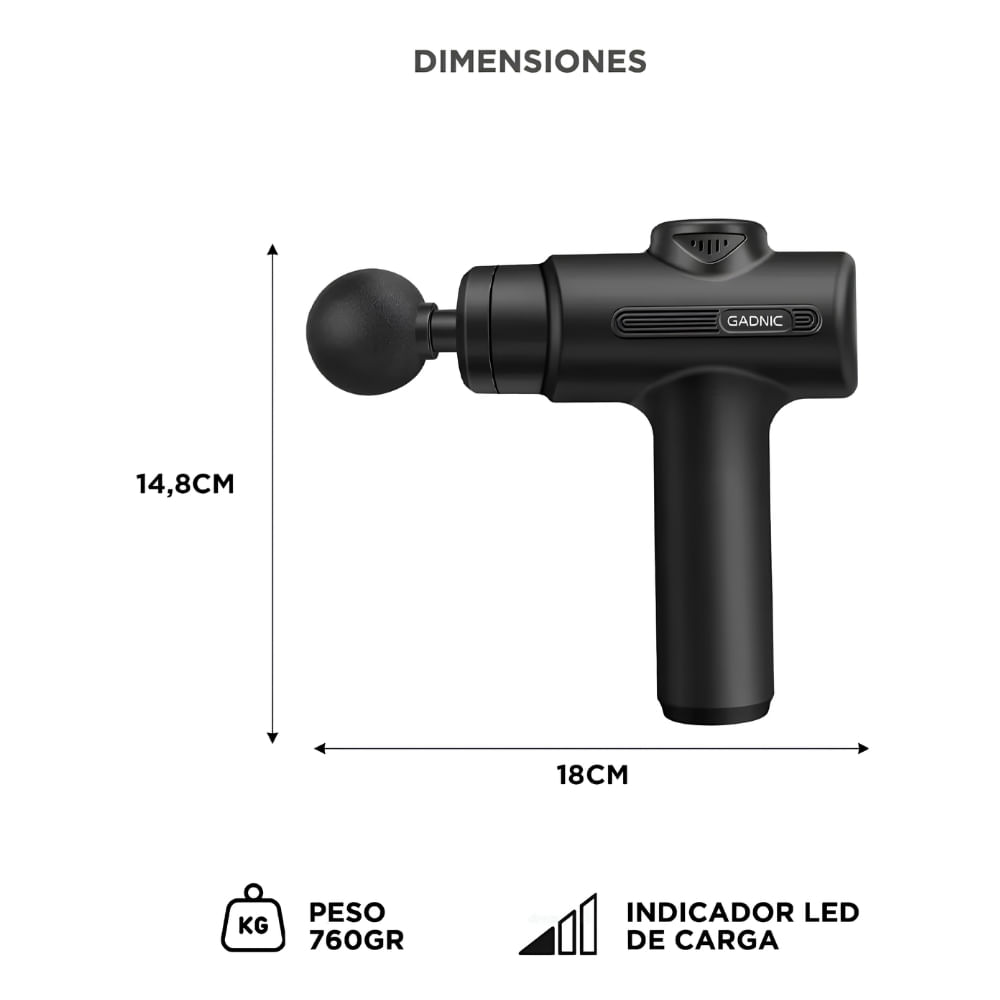 Pistola Masajeadora Gadnic Mtj4700 Recargable Usb C 6 Niveles 1500mah 4 Cabezales Motor Silencioso