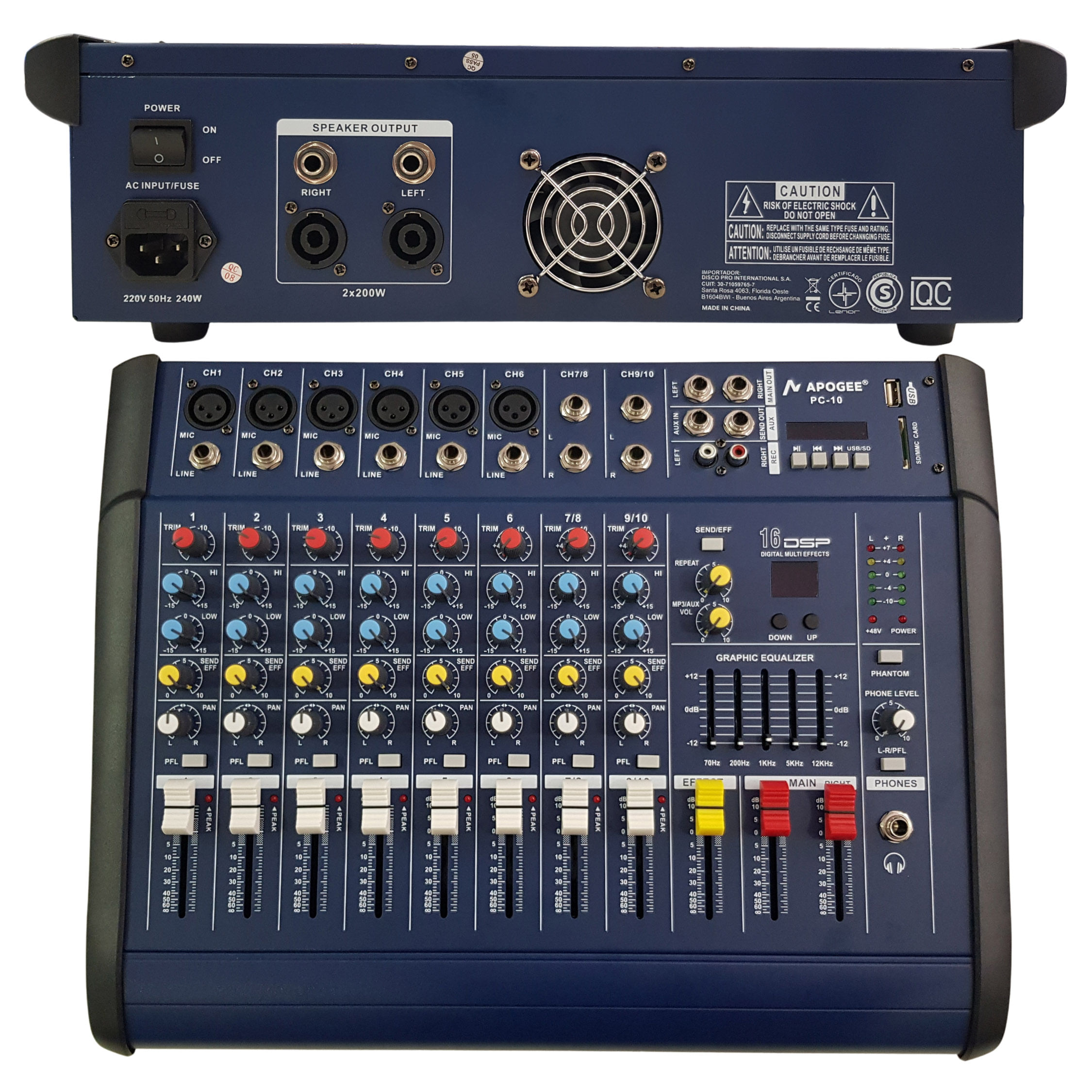 Consola Potenciada Apogee Pc10 Usb Bt 10 Canales 250w X 250w 4 Ohms