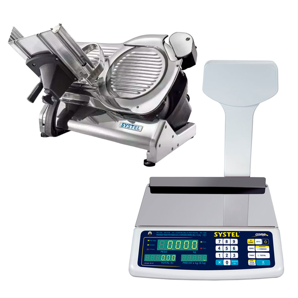 Kit Systel Balanza Comercial Croma Bateria 31kg Mástil 200 Cortadora de Fiambre CF330 13hp 330mm