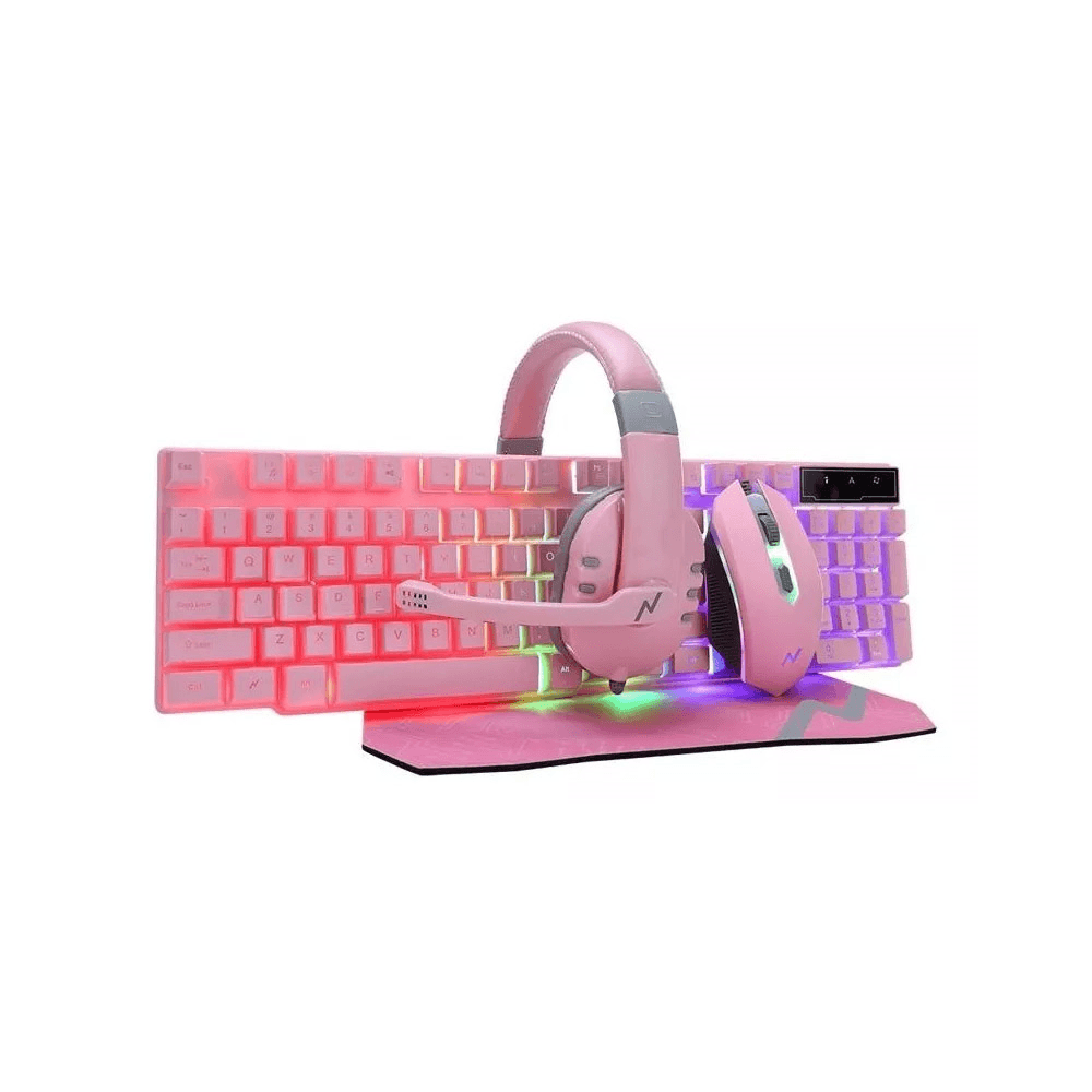 Teclado + Mouse + Auricular C/Mic + Pad Noga Nkb-411 Gamer Rgb Rosa