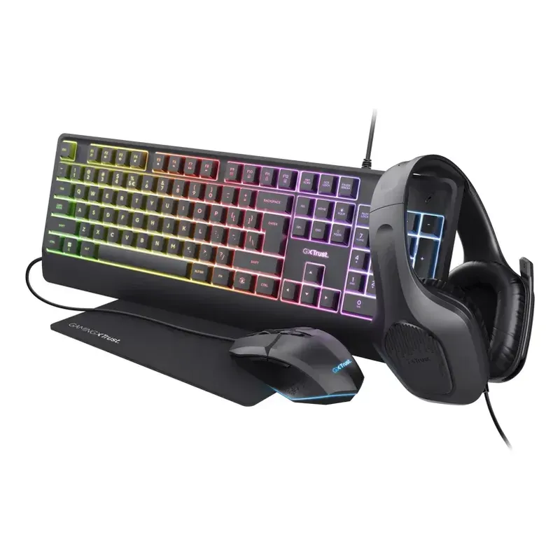 Kit 4en1 Trust Gxt 792 Quadrox Mouse + Teclado + Auri + Pad Negro