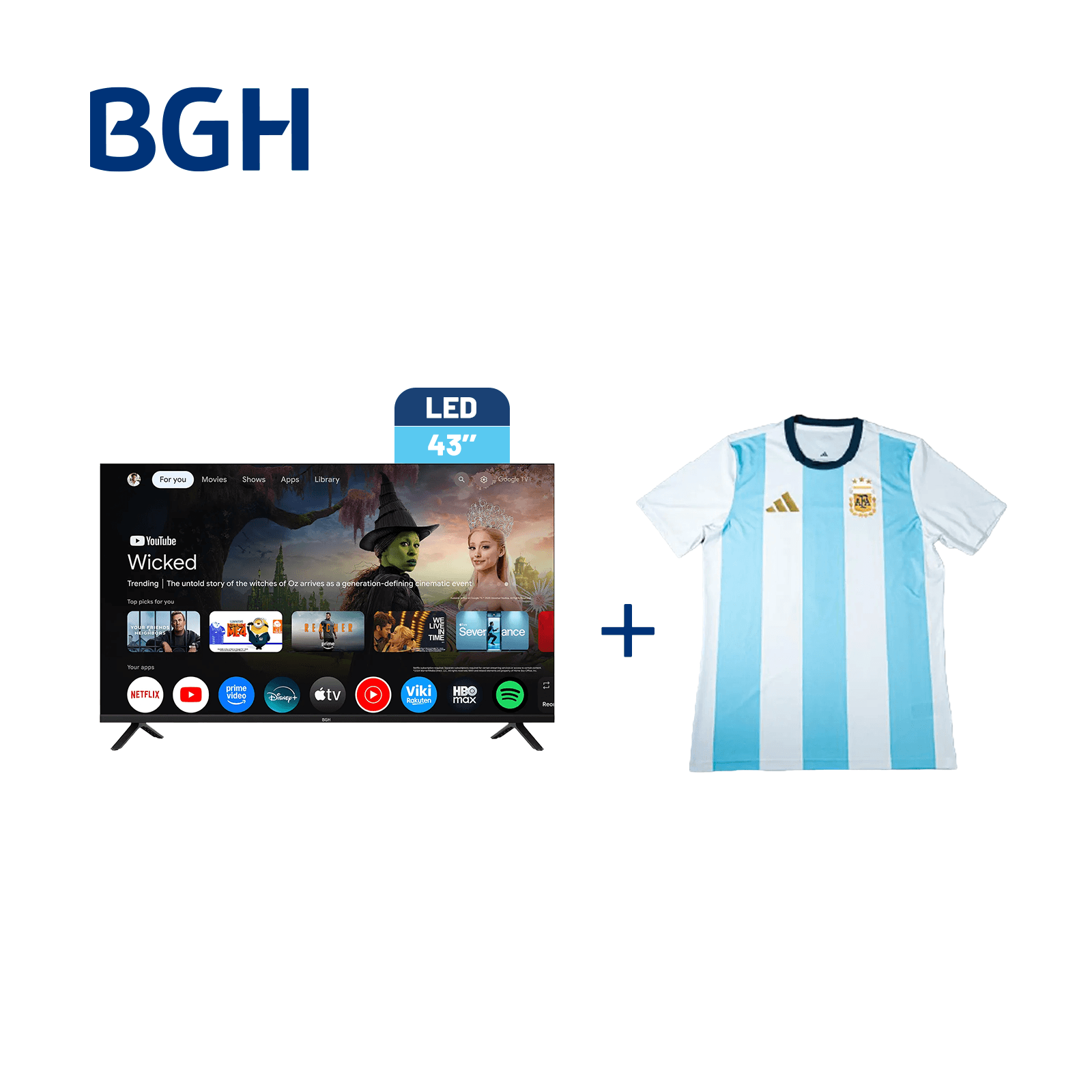 Combo Smart TV BGH 43" Full HD GOOGLE TV + Camiseta BGH adidas Talle M