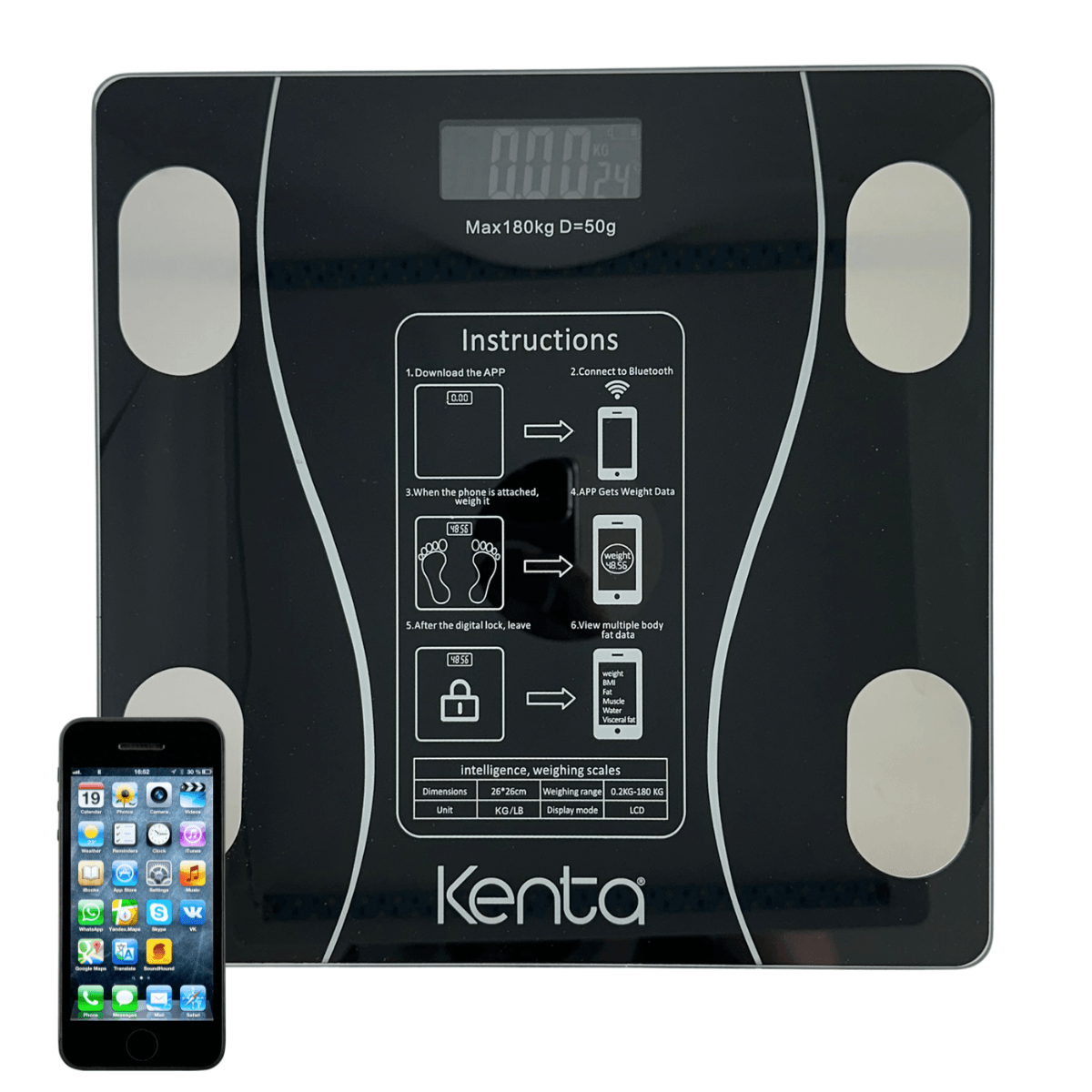 Balanza De BañO Digital Con App Bluetooth 180kg Kenta Negro