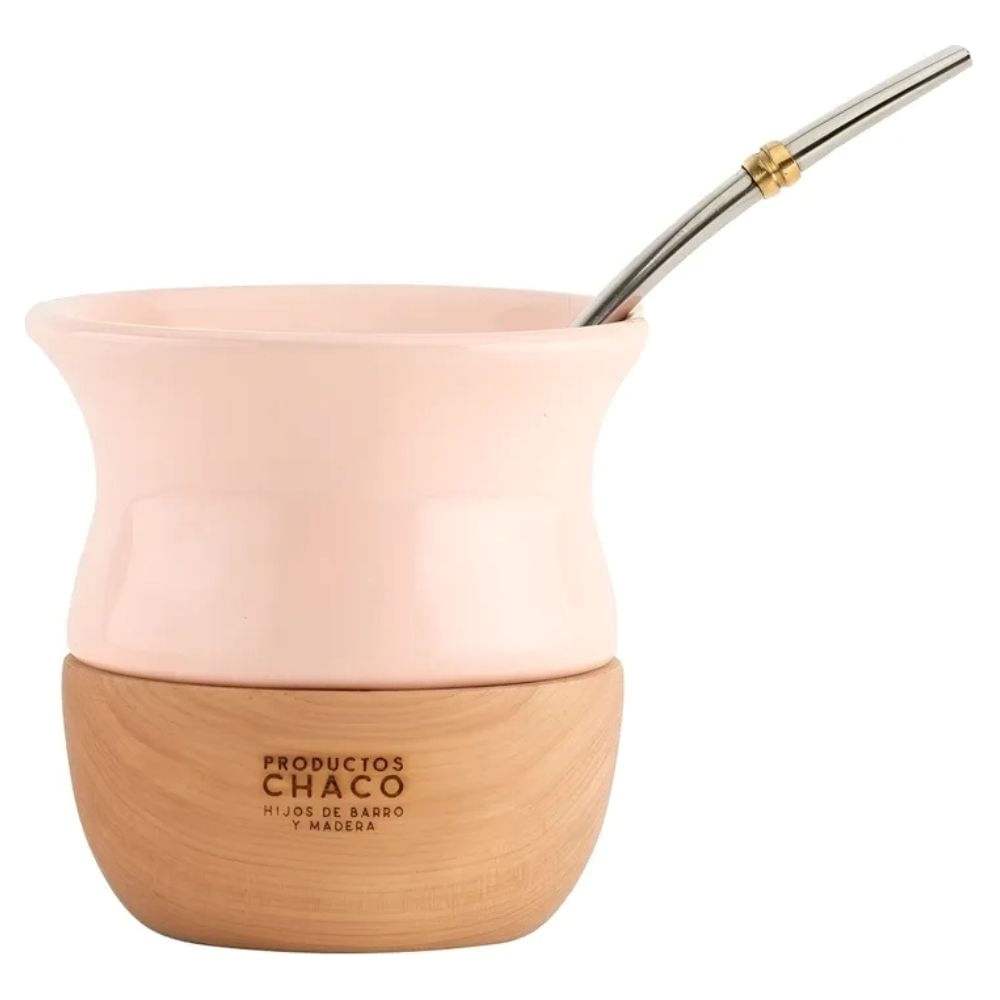 Mate Chaco De Cerámica Y Madera + Bombilla Inox + Funda Color Rosa