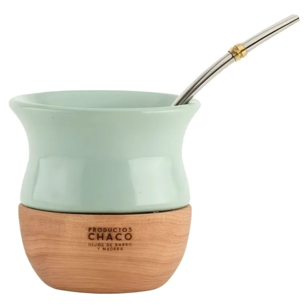 Mate Chaco De Cerámica Y Madera + Bombilla Inox + Funda Color Verde Agua