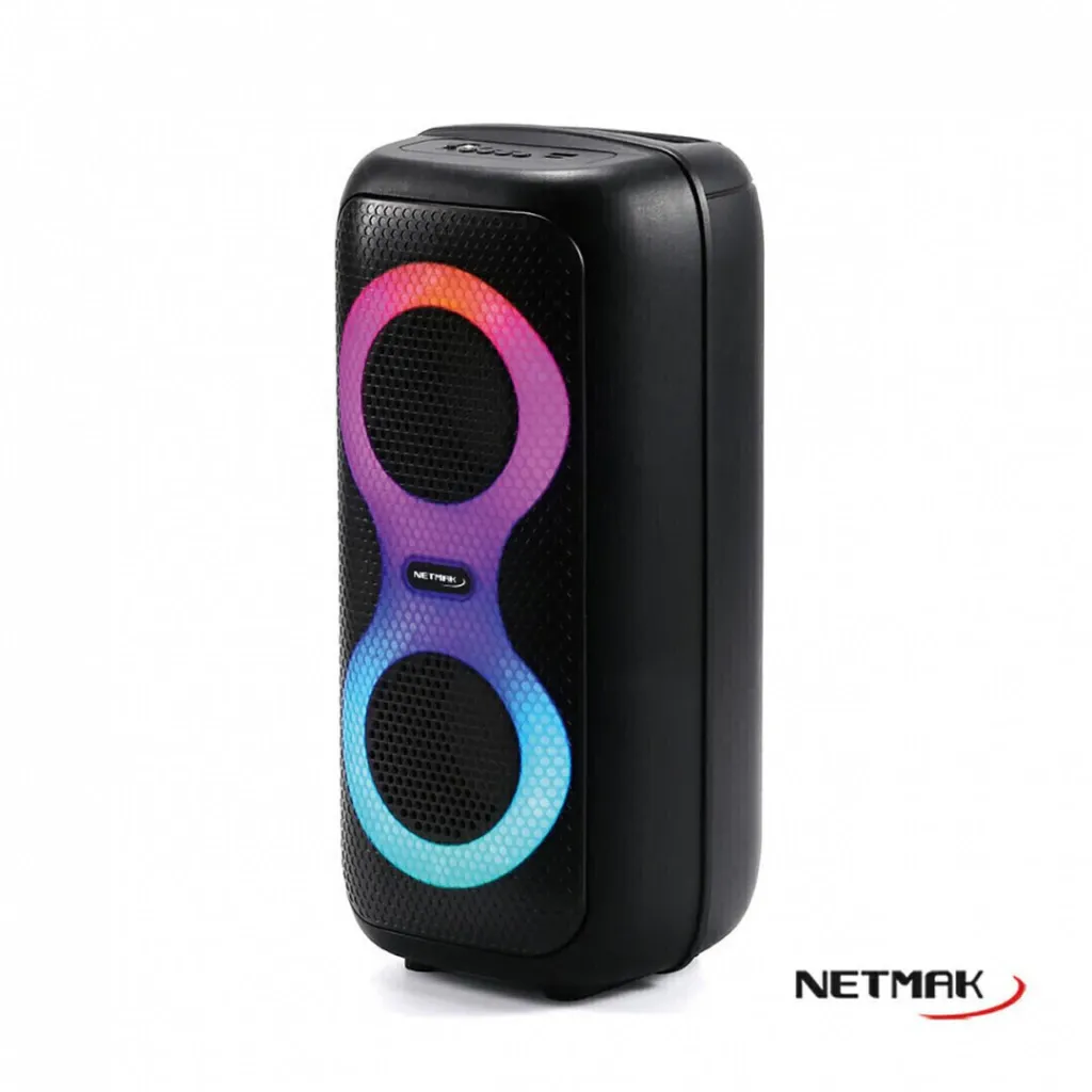 Parlante 1.0 portable 10w -bluetooth 5.3 -woofer 4" x 2 -luz led rgb -karaoke -bat. recargable 1200mAh -miniplug 3.5mm -black -Netmak NM-CYRUS