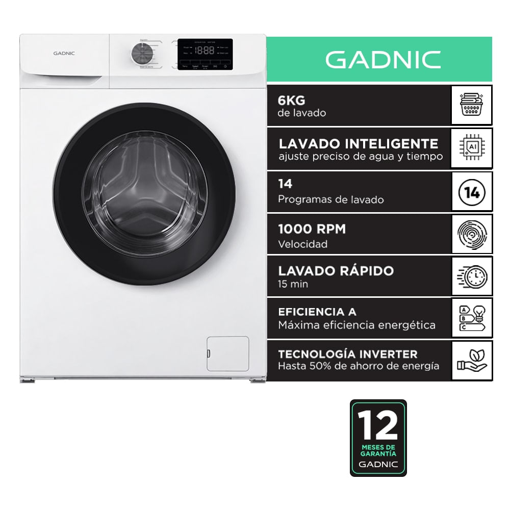 Lavarropas Gadnic 6 kg 1000 RPM 14 Programas 1850W Clase A Blanco