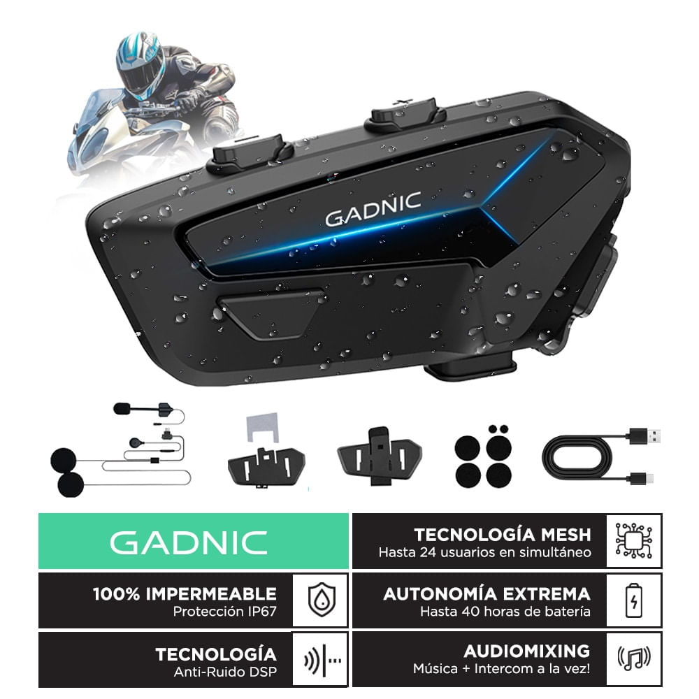 Intercomunicador De Moto Gadnic M7 Casco 24 pilotos MESH BT IP67 Cancelación DS