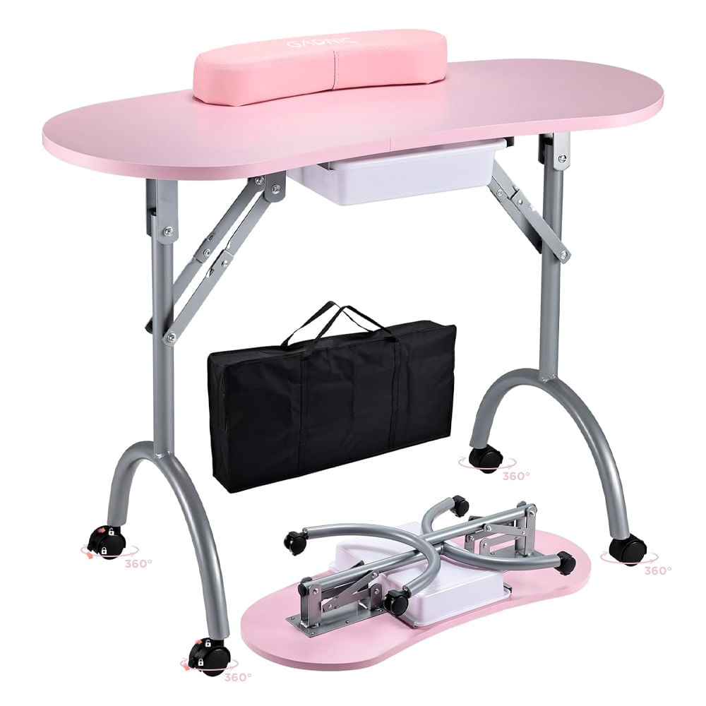 Mesa De Manicura Plegable Care By Gadnic Estructura Hierro MDF Ruedas PP Con Cajón Cojin Y Bolsa Portátil