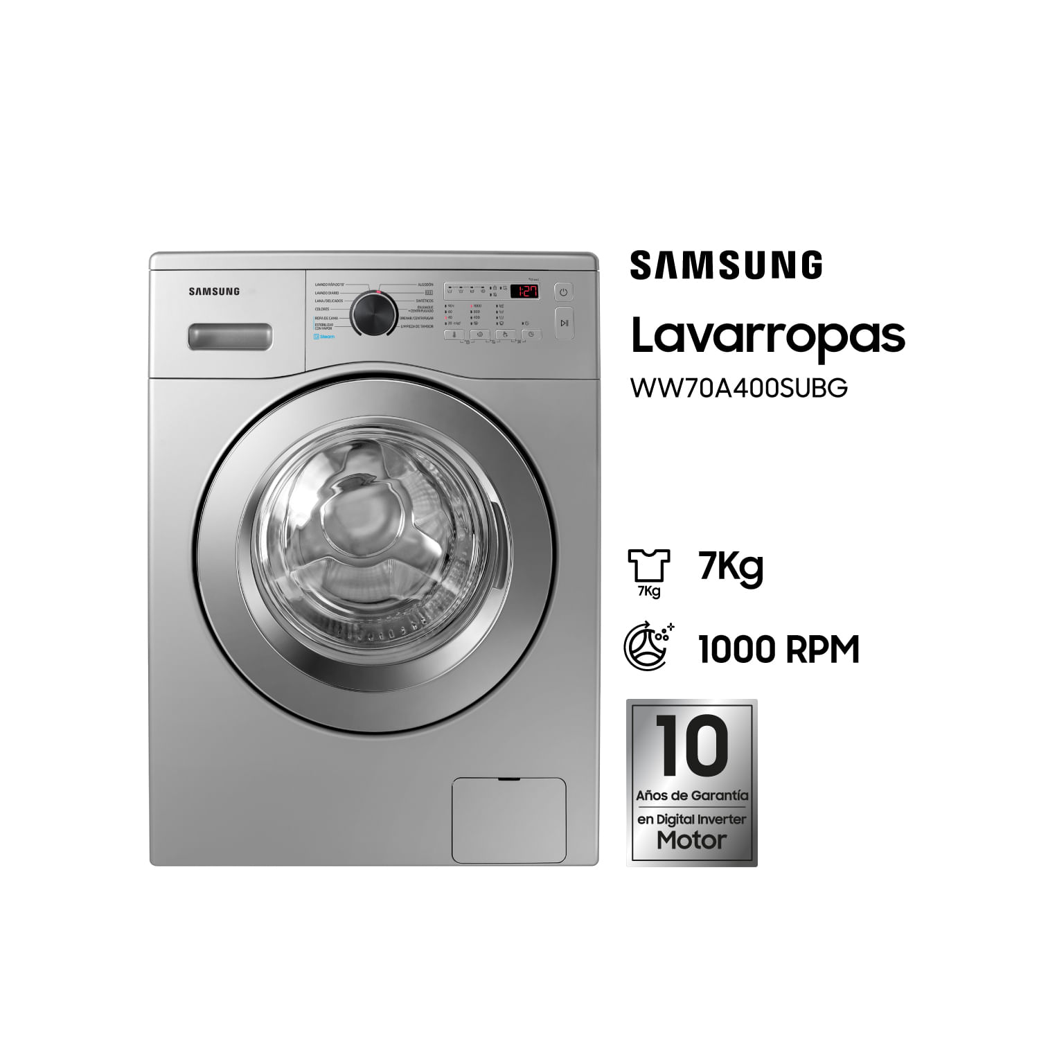 Lavarropas Samsung WW70A40000S 7Kg Inverter Frontal Silver