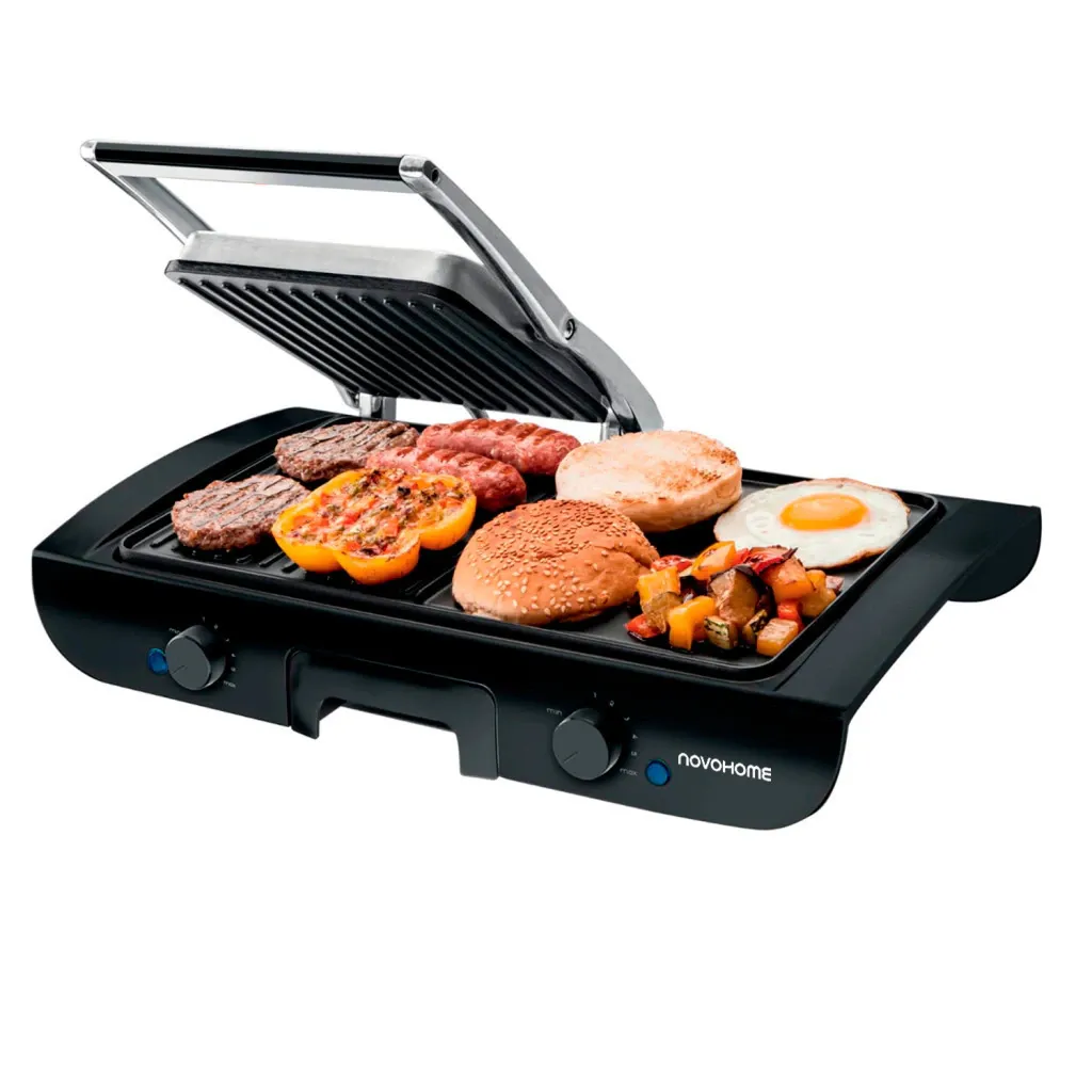 Parrilla Grill Con Tapa Prensa Y Plancha Bifera 1500w -Novohome NH-GRP600