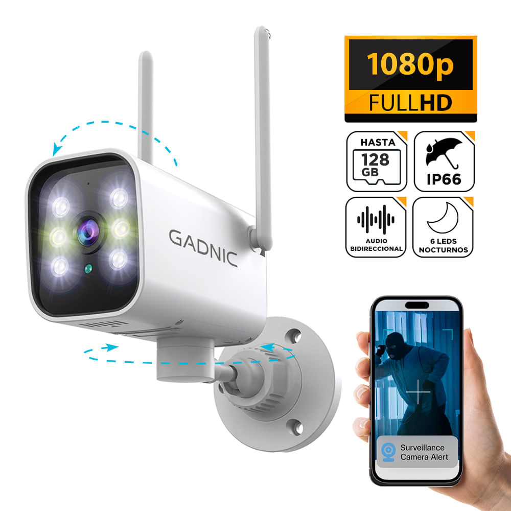 Cámara Seguridad Exterior Gadnic WiFi 1080P 6 Leds Visión Nocturna a Color