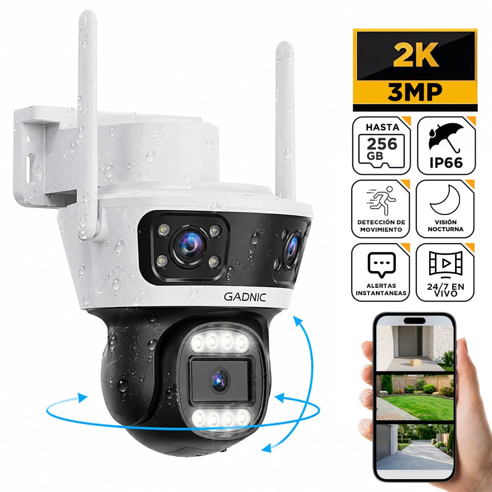Cámara Seguridad WiFi Exterior Gadnic 3 Lentes 2k 360° Vision Nocturna a Color
