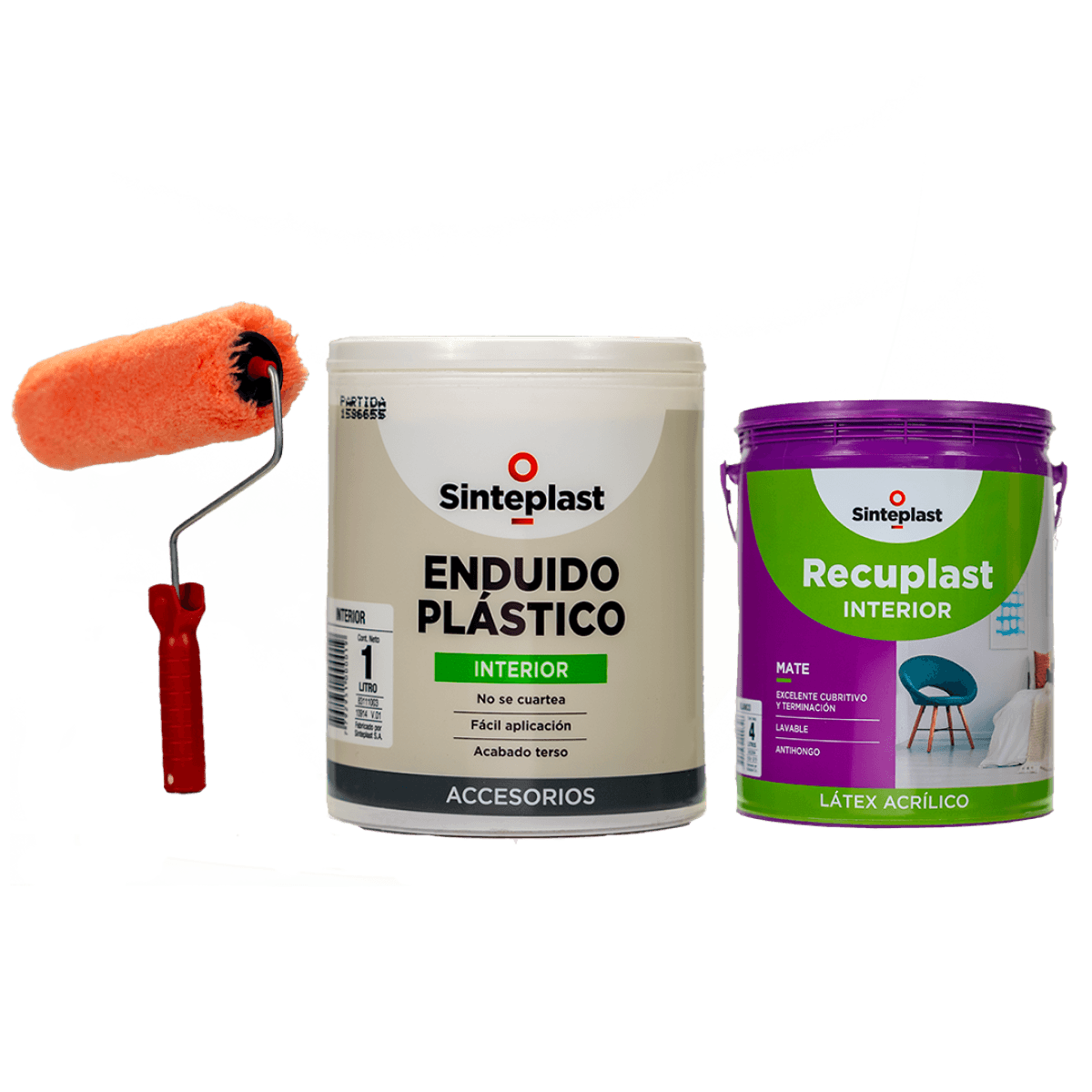 Combo Recuplast Interior Blanco x 4Lts - Enduido Interior x 1 Lt - Rodillo 22cm